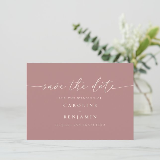 Minimalist Dusty Rose Script Wedding QR Code Save The Date (Standing Front)