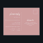 Minimalist Dusty Rose Wedding | Meal Choice RSVP Postcard<br><div class="desc">These elegant, minimalist wedding response postcards feature modern script typography and clean, sans serif text for a simple and stylish dusty rose and white design you will love. There is room to add your guests options for meal choice of entrée or dinner choice. Text is kept away from the top...</div>