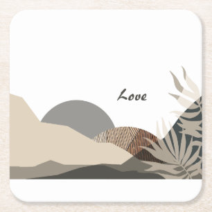 Minimalist Earth Tones Boho "Love"  Square Paper Coaster