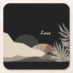 Minimalist Earth Tones Boho "Love" Square Paper Coaster