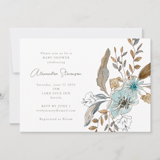 Minimalist Earthy Blue Botanical Baby Shower Invitation (Front)