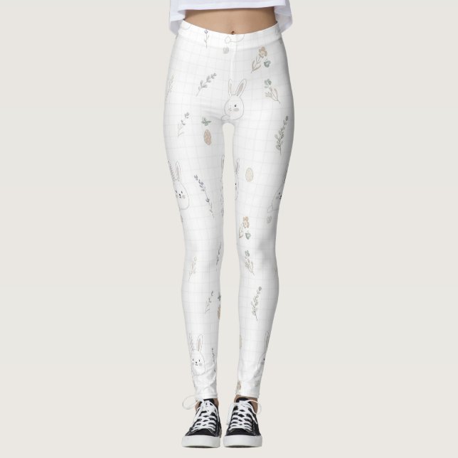 Minimalist Easter Bunny Pink Beige Grid Doodle Leggings (Front)