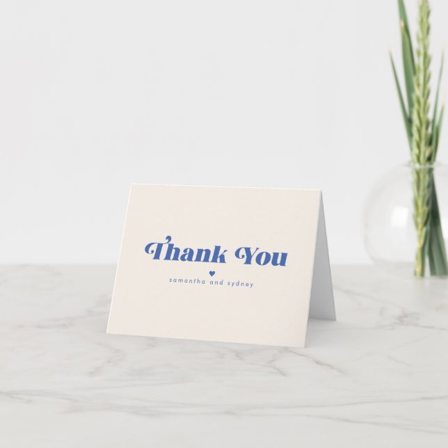Minimalist Ecru Blue Retro Typography Name Thank You Card (Front)