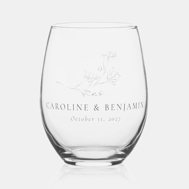 Minimalist Ecru Floral Line Art Wedding Custom Stemless Wine Glass (Front)