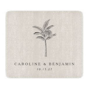 Minimalist Ecru Palm Tree Line Art Custom Wedding Cutting Board