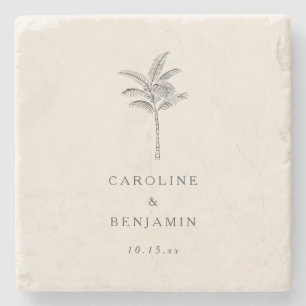Minimalist Ecru Palm Tree Line Art Custom Wedding Stone Coaster