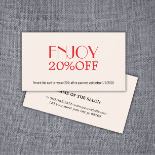 Minimalist Eggshell White Red Beauty Salon Discount Card