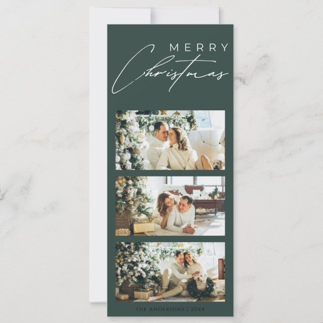 Minimalist Elegant 3 Photo Collage Green Christmas Holiday Card (Front)