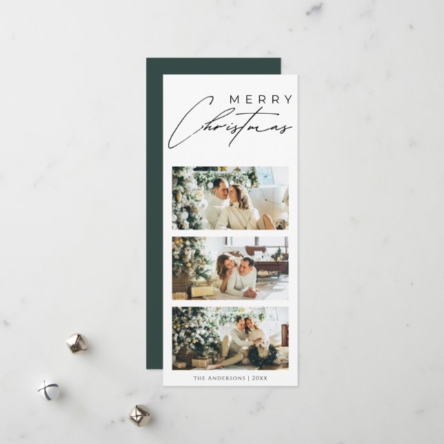 Minimalist Elegant 3 Photo Collage Green Christmas Holiday Card (Front/Back In Situ)