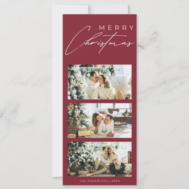 Minimalist Elegant 3 Photo Collage Red Christmas Holiday Card (Front)