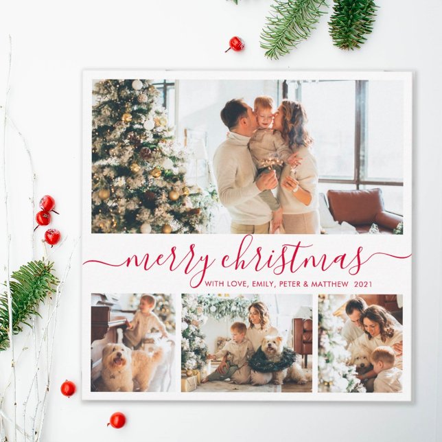 Minimalist Elegant 4 Photo Collage Christmas Holiday Card (Creator Uploaded)