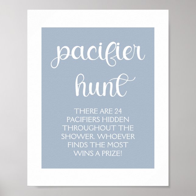 Minimalist Elegant Baby Shower Blue Pacifier Hunt Poster (Front)