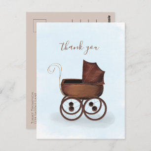 Minimalist Elegant Baby Thank You Carriage Blue Postcard