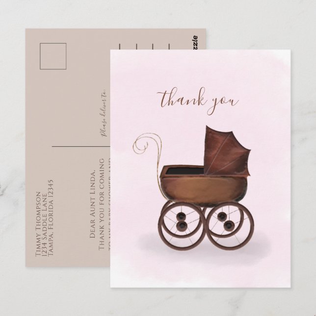 Minimalist Elegant Baby Thank You Carriage Pink Postcard (Front/Back)