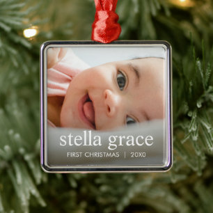 Minimalist Elegant Baby's First Christmas Photo Metal Tree Decoration