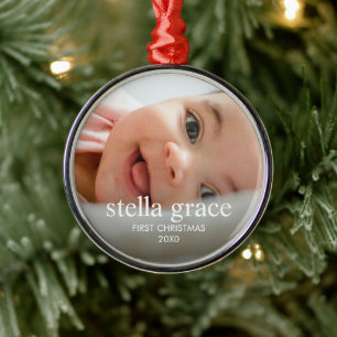 Minimalist Elegant Baby's First Christmas Photo Metal Tree Decoration