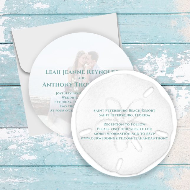 Minimalist Elegant Beach Tropical Sand Dollar  Invitation (Beach Sand Dollar circle invitation. With turquoise lettering.)
