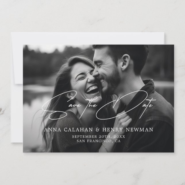 Minimalist Elegant Black and White Photo Wedding  Save The Date (Front)