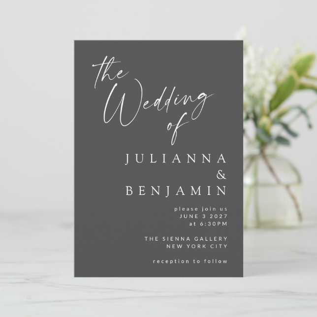 Minimalist Elegant Black Modern Script Wedding Invitation (Standing Front)