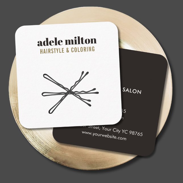 Minimalist Elegant Black White Hair Pins Salon Square Business Card (Creator Uploaded)