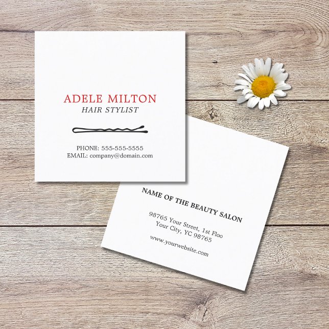 Minimalist Elegant Black White Red Hairdresser Square Business Card (Creator Uploaded)