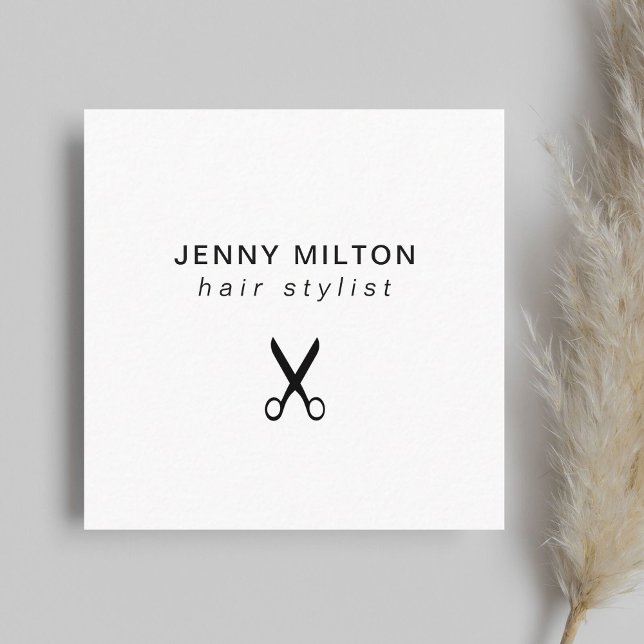 Minimalist Elegant Black White Scissor Hairstylist Square Business Card (Creator Uploaded)