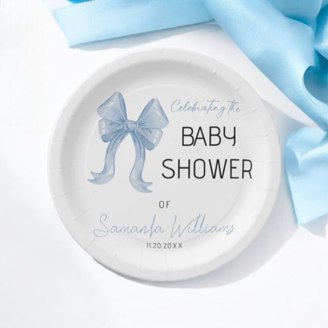 Minimalist Elegant Blue Bow Boy Baby Shower Paper Plate (Creator Uploaded)
