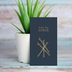 Minimalist Elegant Blue Golden Pins Hair Stylist  Business Card