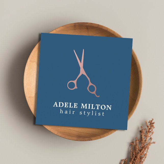 Minimalist Elegant Blue Rose Gold Hair Stylist Square Business Card (Creator Uploaded)
