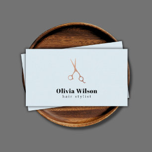 Minimalist Elegant Blue Rose Gold Scissors Hair Business Card