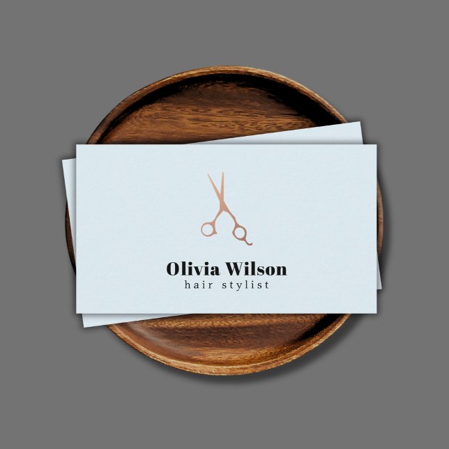 Minimalist Elegant Blue Rose Gold Scissors Hair Business Card (Creator Uploaded)