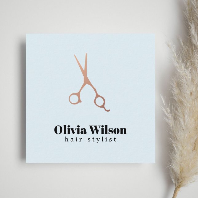 Minimalist Elegant Blue Rose Gold Scissors Hair Square Business Card (Creator Uploaded)