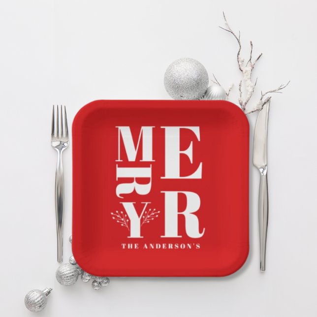 Minimalist Elegant Bright Red Merry Christmas Paper Plate (Creator Uploaded)