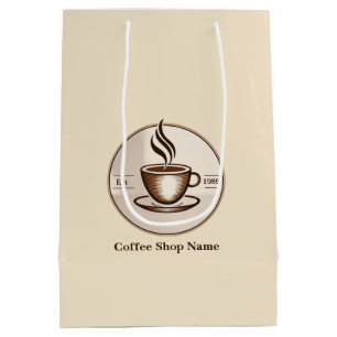 Minimalist Elegant Brown Coffee business logo shop Medium Gift Bag
