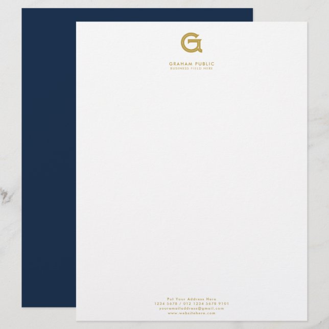 Minimalist Elegant Company Initial on Dark Blue Custom Letterhead (Front/Back)