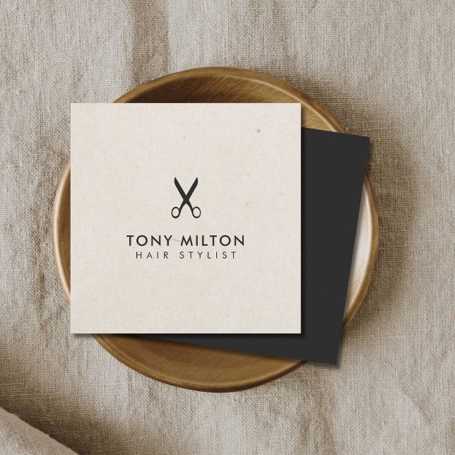 Minimalist Elegant Dark Beige Scissors Hairstylist Square Business Card (Creator Uploaded)