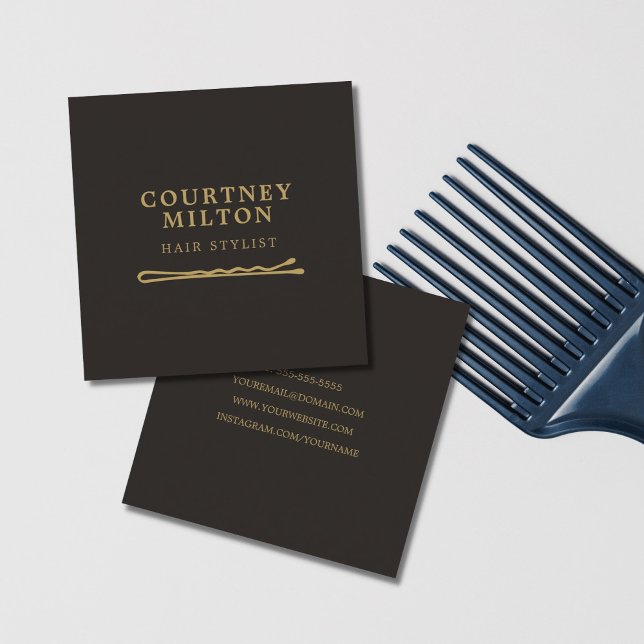 Minimalist Elegant Dark Faux Gold Hair Pin Square Business Card (Creator Uploaded)
