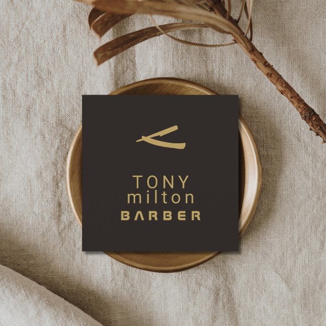 Minimalist Elegant Dark Faux Gold Razor Barber Square Business Card (Creator Uploaded)