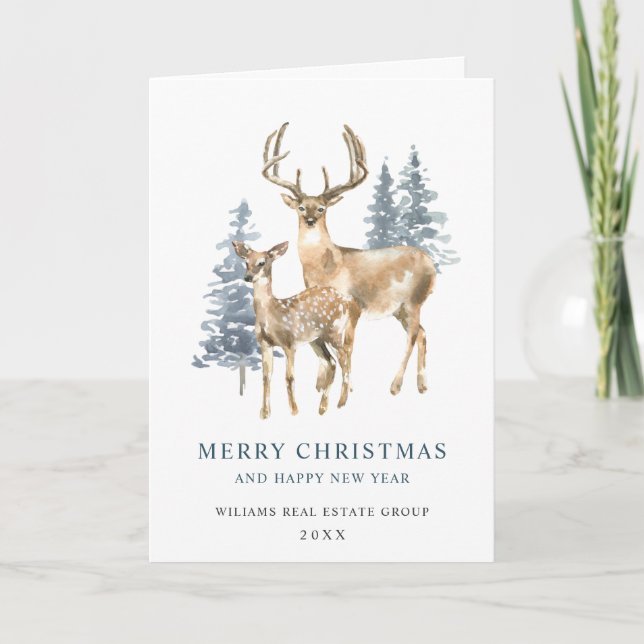 Minimalist Elegant Deer Christmas Tree Corporate Holiday Card (Front)
