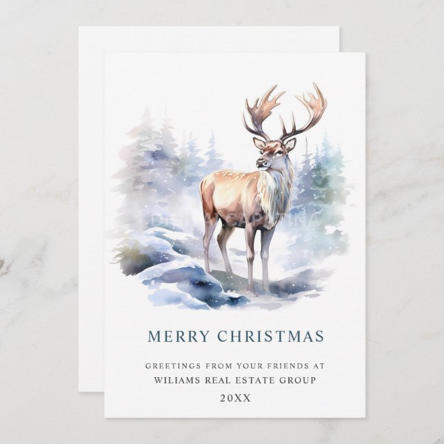 Minimalist Elegant Deer Christmas Tree Corporate Holiday Card (Front/Back)