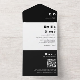 Minimalist Elegant Formal Black Boda Wedding   All In One Invitation