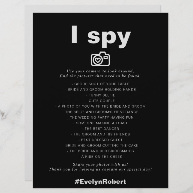 Minimalist Elegant Formal Black I Spy Wedding Game (Front/Back)