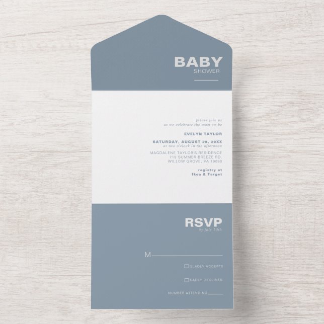 Minimalist Elegant Formal Blue Baby Shower  All In One Invitation (Inside)
