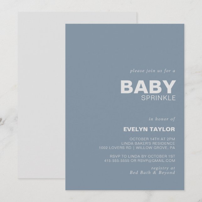 Minimalist Elegant Formal Blue Baby Sprinkle  Invitation (Front/Back)