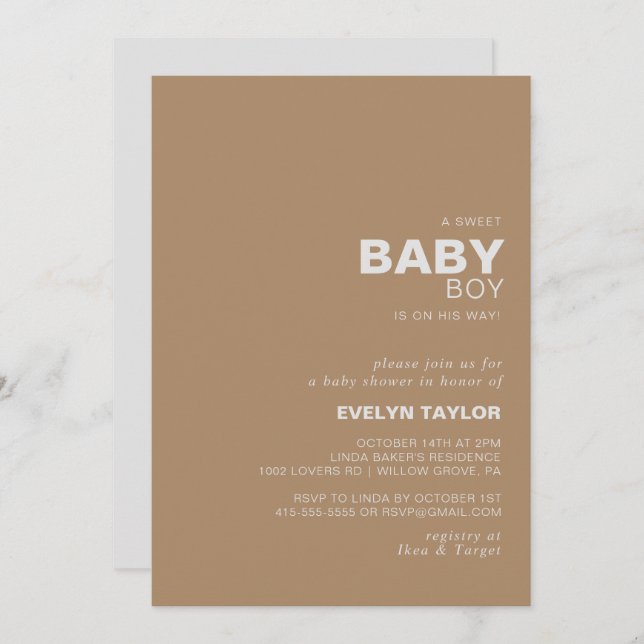 Minimalist Elegant Formal Brown Baby Boy shower  Invitation (Front/Back)