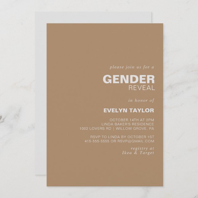 Minimalist Elegant Formal Brown Gender Reveal   Invitation (Front/Back)