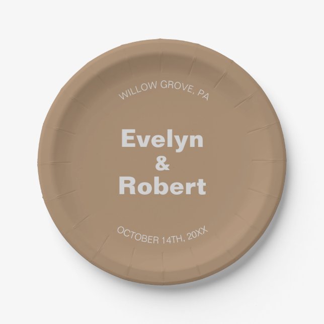 Minimalist Elegant Formal Brown Wedding  Paper Plate (Front)