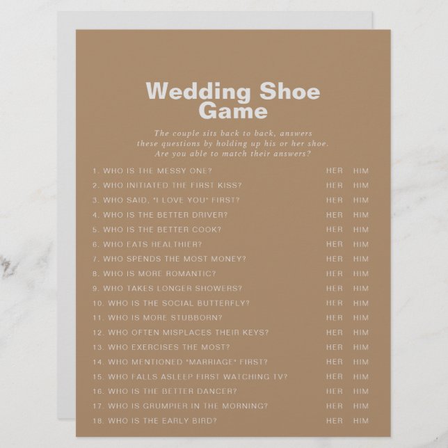 Minimalist Elegant Formal Brown Wedding Shoe Game (Front/Back)