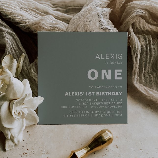Minimalist Elegant Formal Green 1st Birthday Party Invitation (Creator Uploaded)