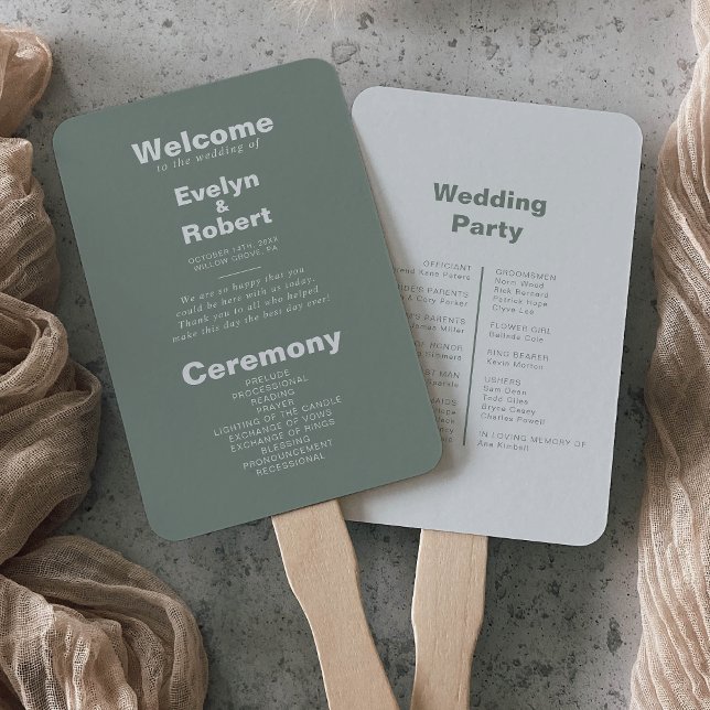 Minimalist Elegant Formal Green Wedding Program  Hand Fan (Creator Uploaded)